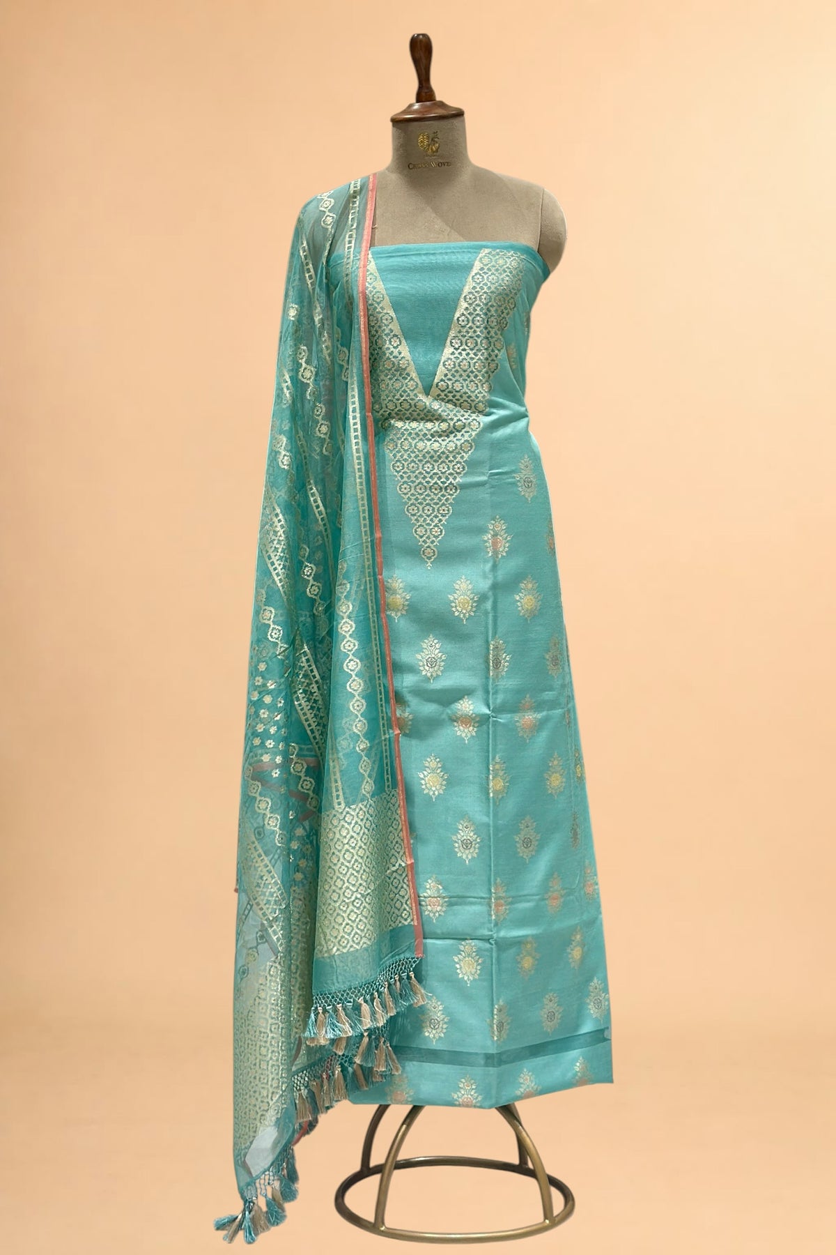 Dusty Blue Banarasi Pure Fine Raw Silk Suit Set with Meena Kora Net Dupatta