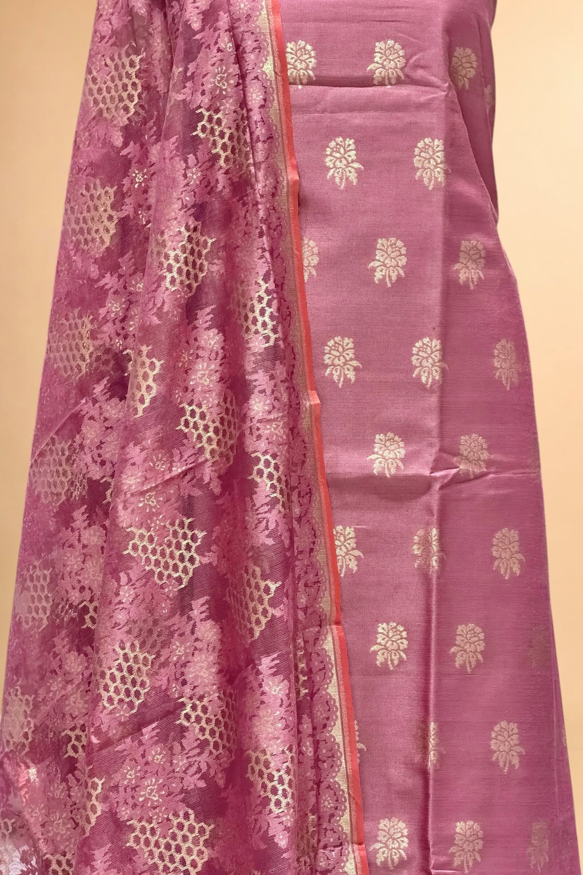 Dusty Rose Pink Banarasi Pure Fine Raw Silk Suit Set with Kora Net Dupatta