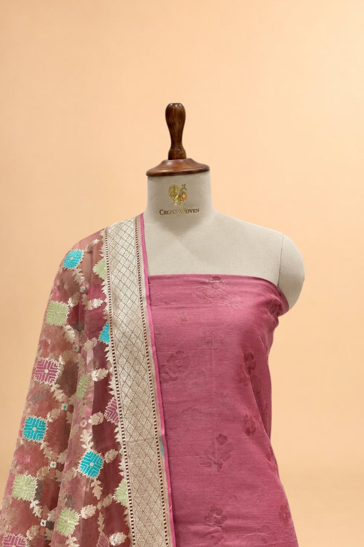 Dusty Rose Pink Banarasi Pure Fine Raw Silk Suit Set with Meena Kora Net Dupatta
