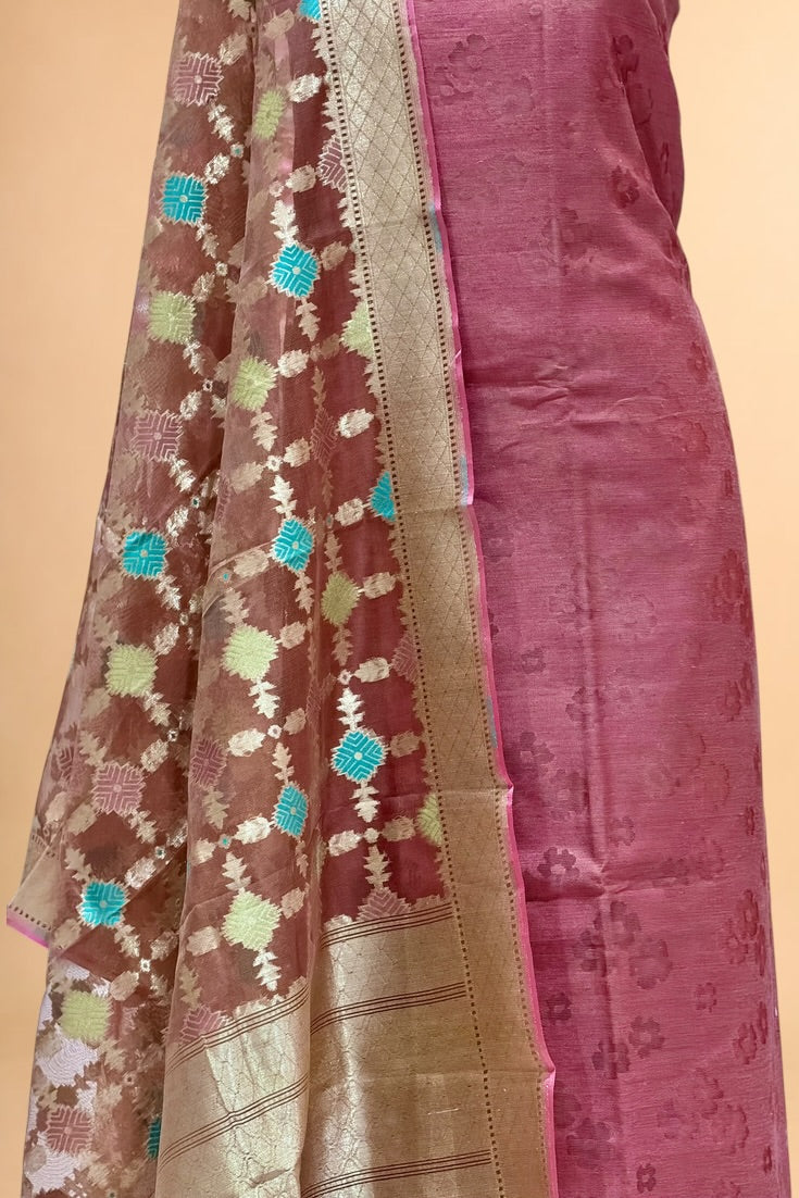 Dusty Rose Pink Banarasi Pure Fine Raw Silk Suit Set with Meena Kora Net Dupatta
