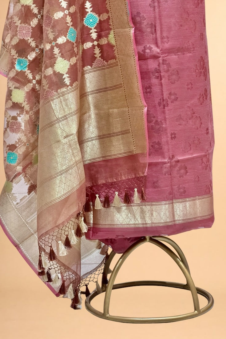 Dusty Rose Pink Banarasi Pure Fine Raw Silk Suit Set with Meena Kora Net Dupatta