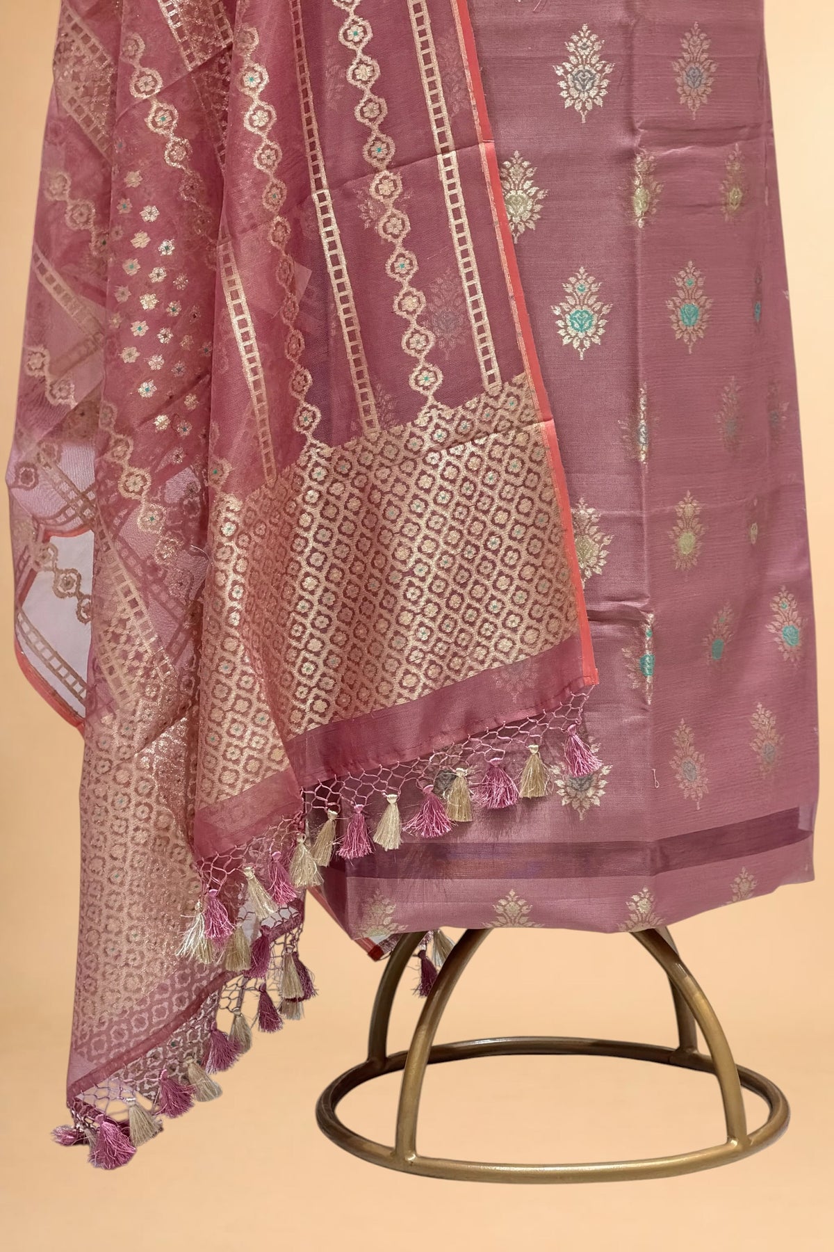 Dusty Rose Pink Banarasi Pure Fine Raw Silk Suit Set with Meena Kora Net Dupatta