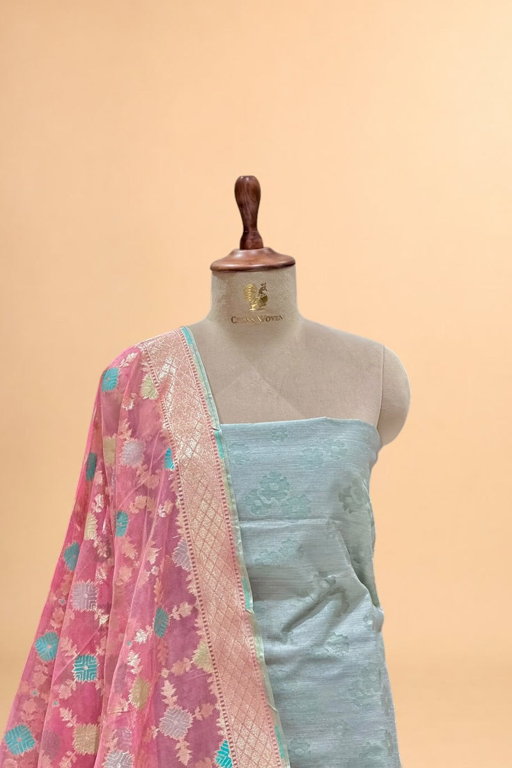 Grey Banarasi Pure Fine Raw Silk Suit Set with Meena Kora Net Dupatta