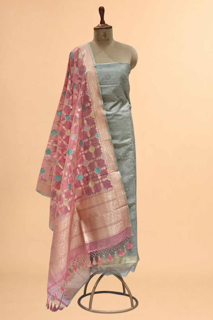 Grey Banarasi Pure Fine Raw Silk Suit Set with Meena Kora Net Dupatta
