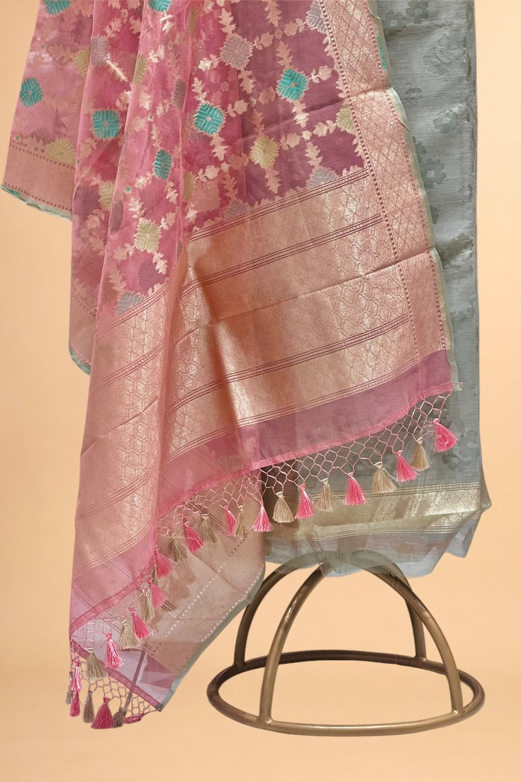 Grey Banarasi Pure Fine Raw Silk Suit Set with Meena Kora Net Dupatta