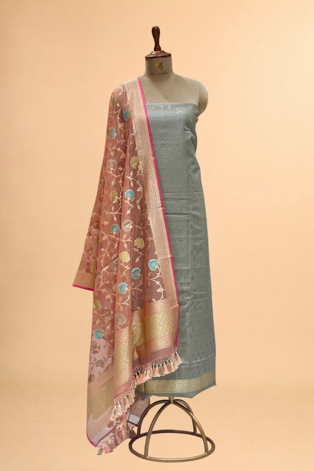 Grey Banarasi Pure Fine Raw Silk Suit Set with Meena Kora Net Dupatta