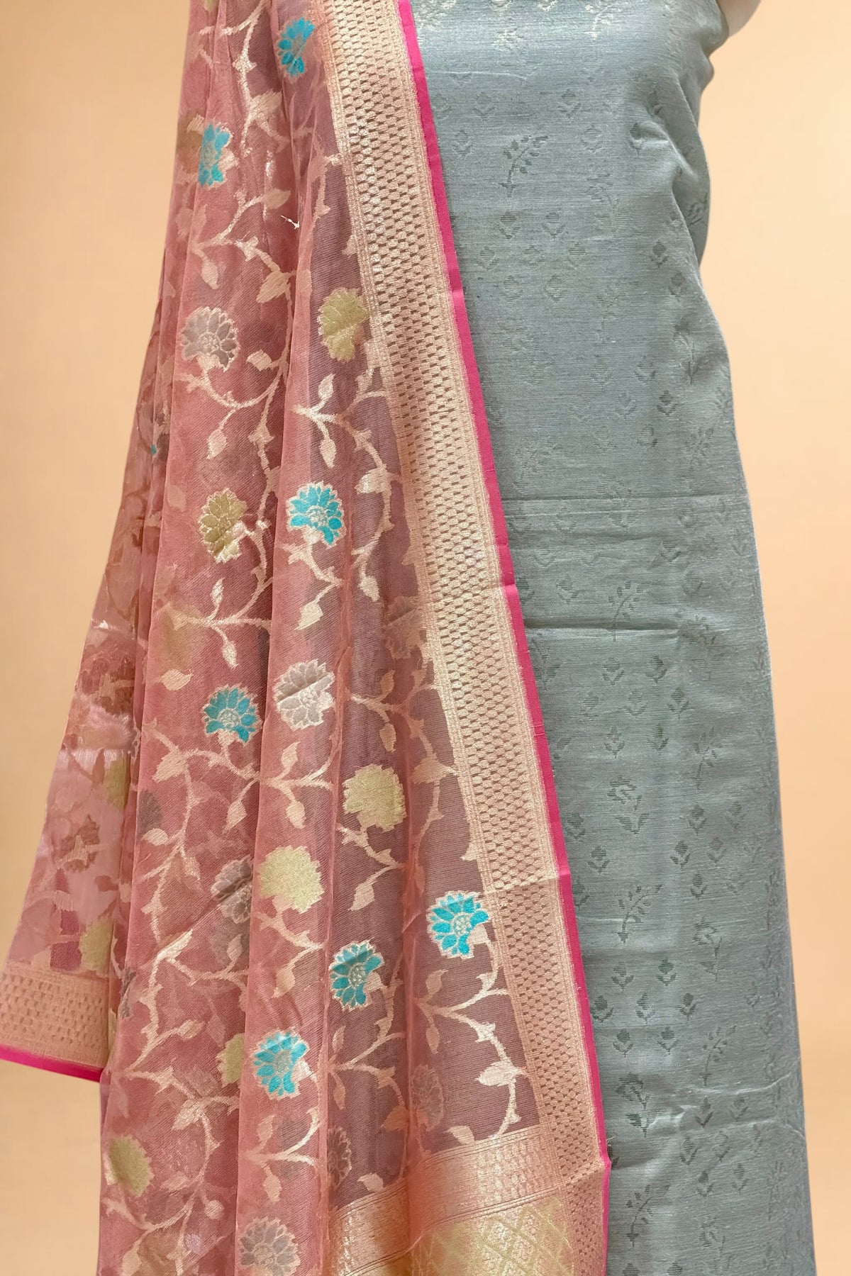 Grey Banarasi Pure Fine Raw Silk Suit Set with Meena Kora Net Dupatta
