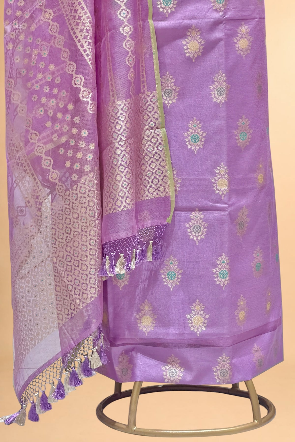 Lavender Banarasi Pure Fine Raw Silk Suit Set with Meena Kora Net Dupatta