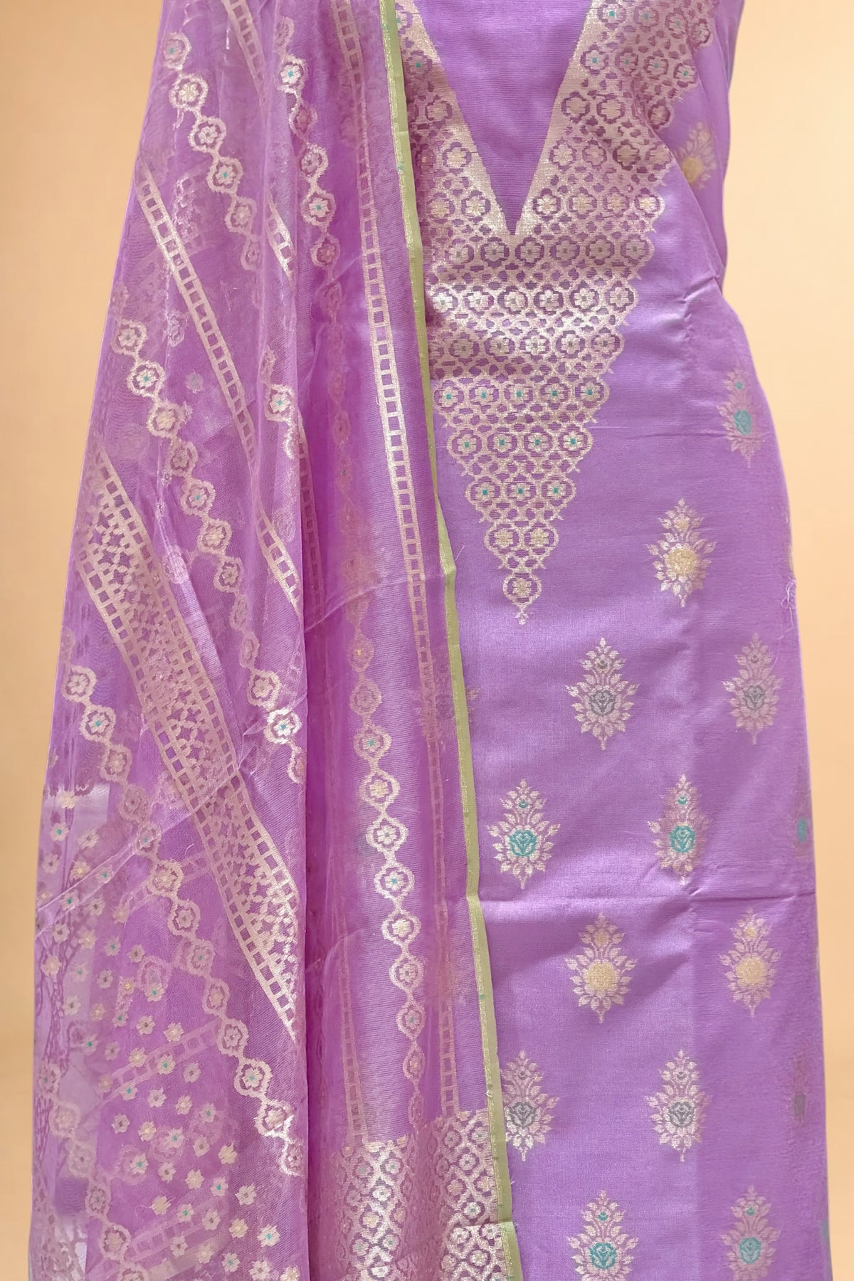 Lavender Banarasi Pure Fine Raw Silk Suit Set with Meena Kora Net Dupatta