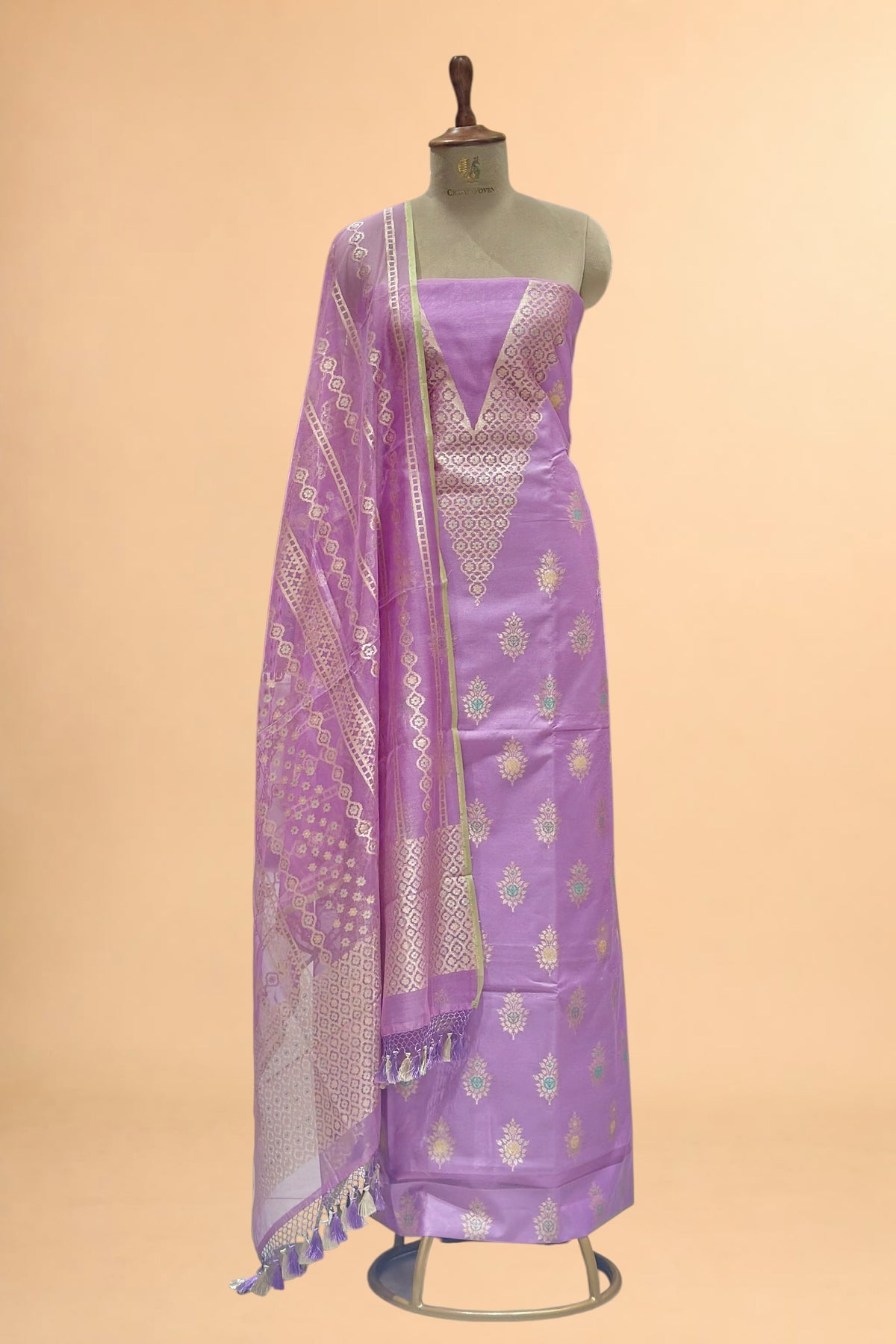 Lavender Banarasi Pure Fine Raw Silk Suit Set with Meena Kora Net Dupatta