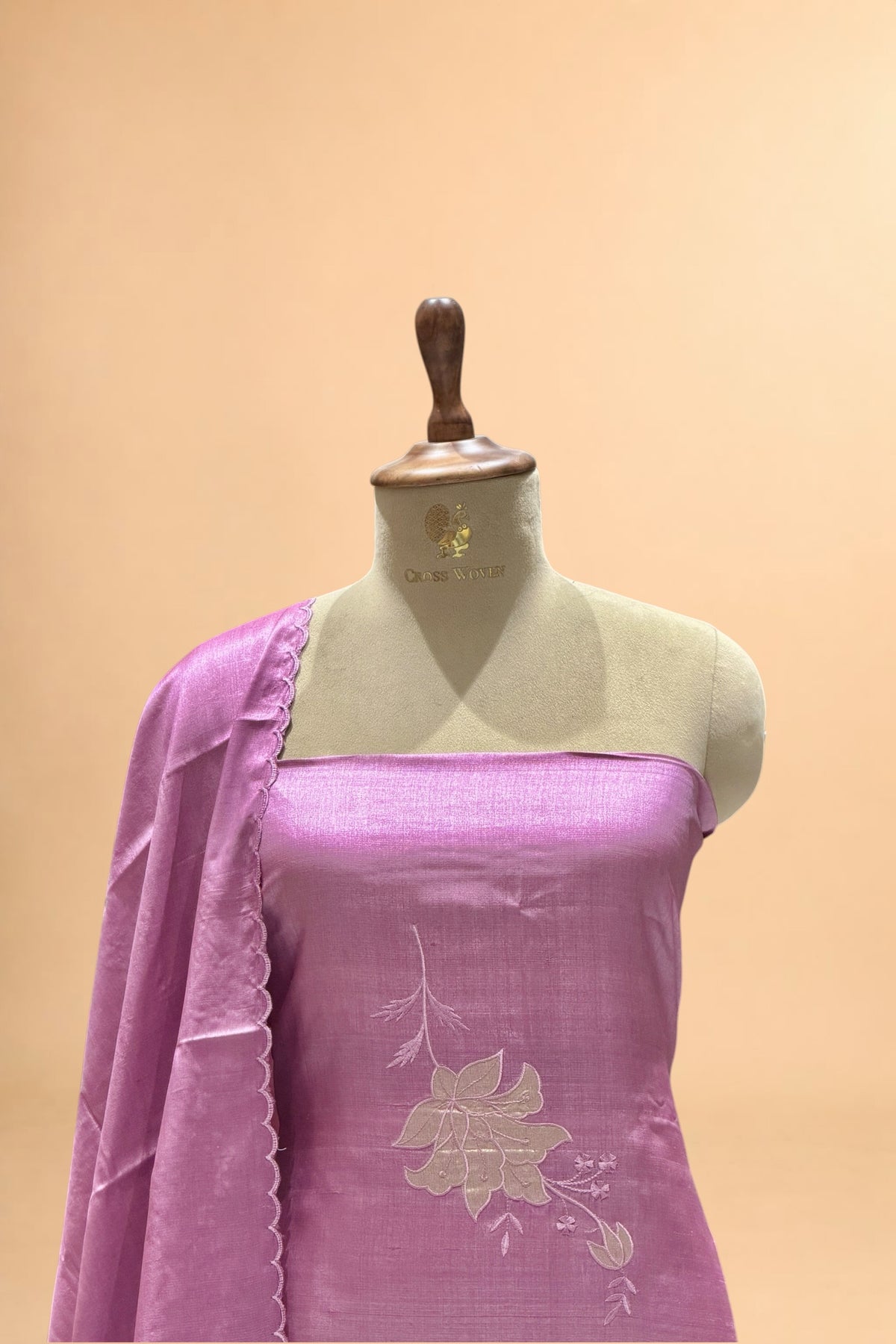 Lavender Pink Pure Tusser Silk Suit Set with Tissue Appliqué Pattern