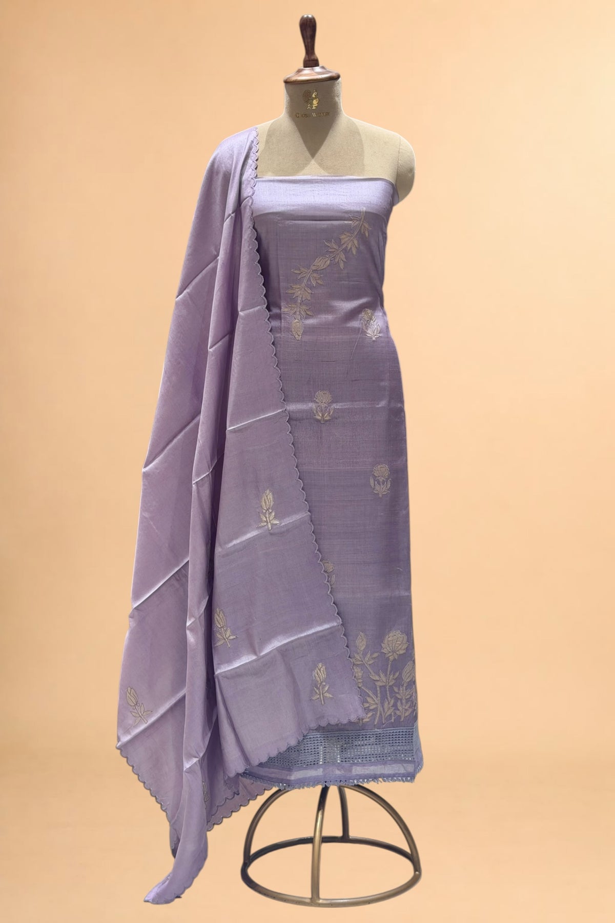 Lavender Pure Tusser Silk Suit Set with Tissue Appliqué Pattern