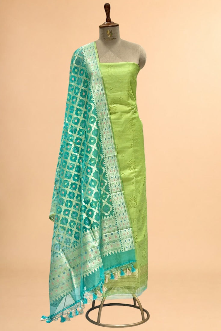 Lime Green Banarasi Pure Fine Raw Silk Suit Set with Meena Kora Net Dupatta