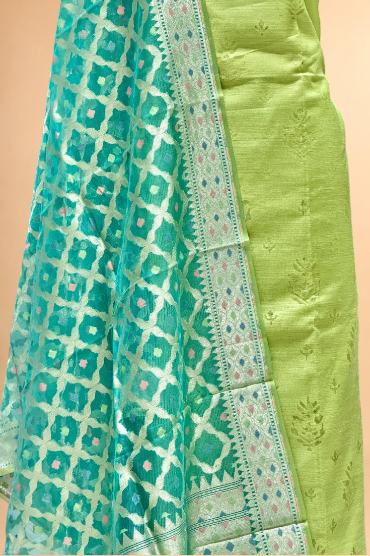 Lime Green Banarasi Pure Fine Raw Silk Suit Set with Meena Kora Net Dupatta