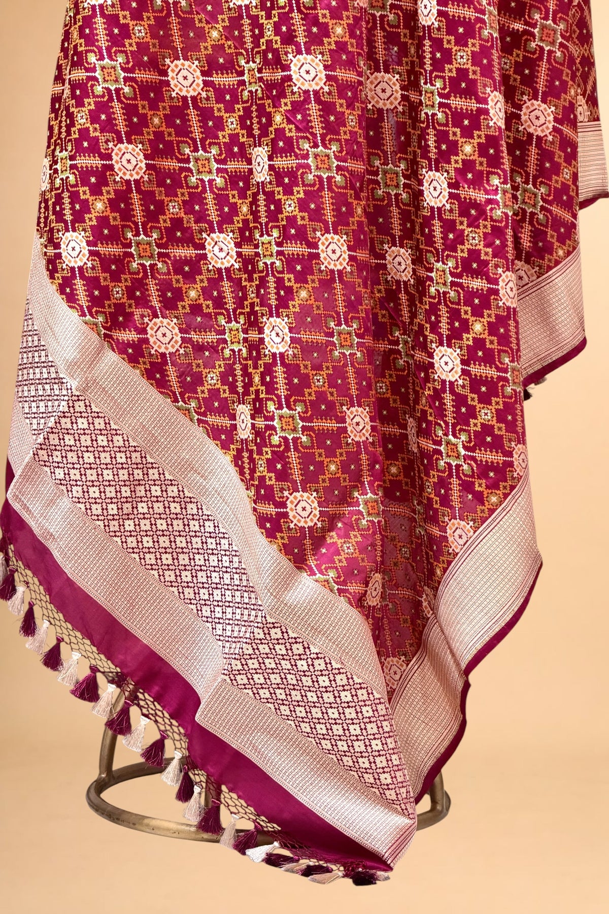 Maroon Pure Katan Silk Ikkat Dupatta 