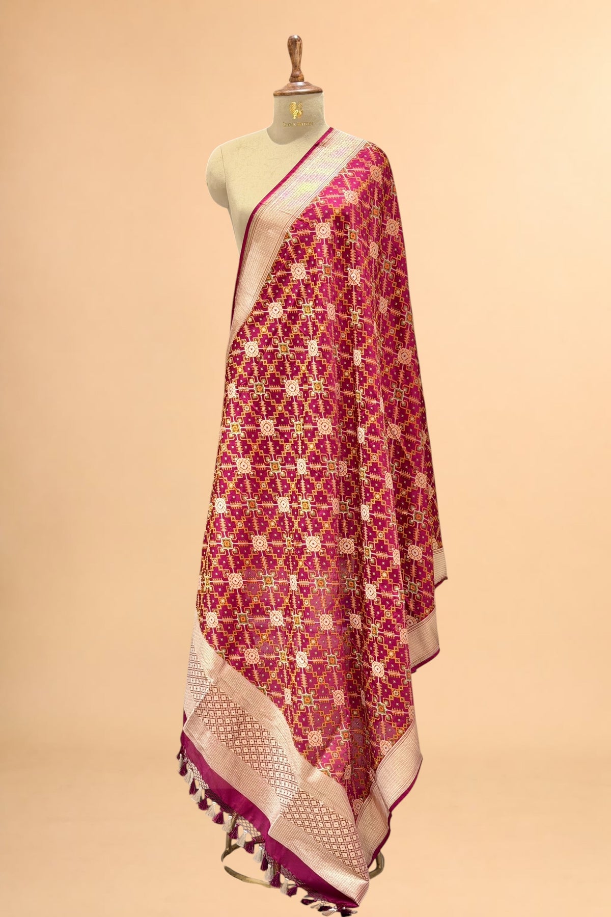 Maroon Pure Katan Silk Ikkat Dupatta 