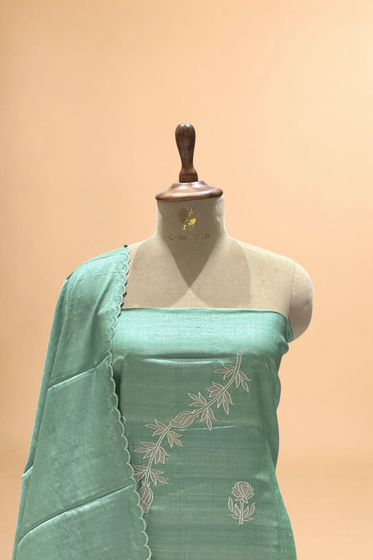 Mint Green Pure Tusser Silk Suit Set with Tissue Appliqué Pattern