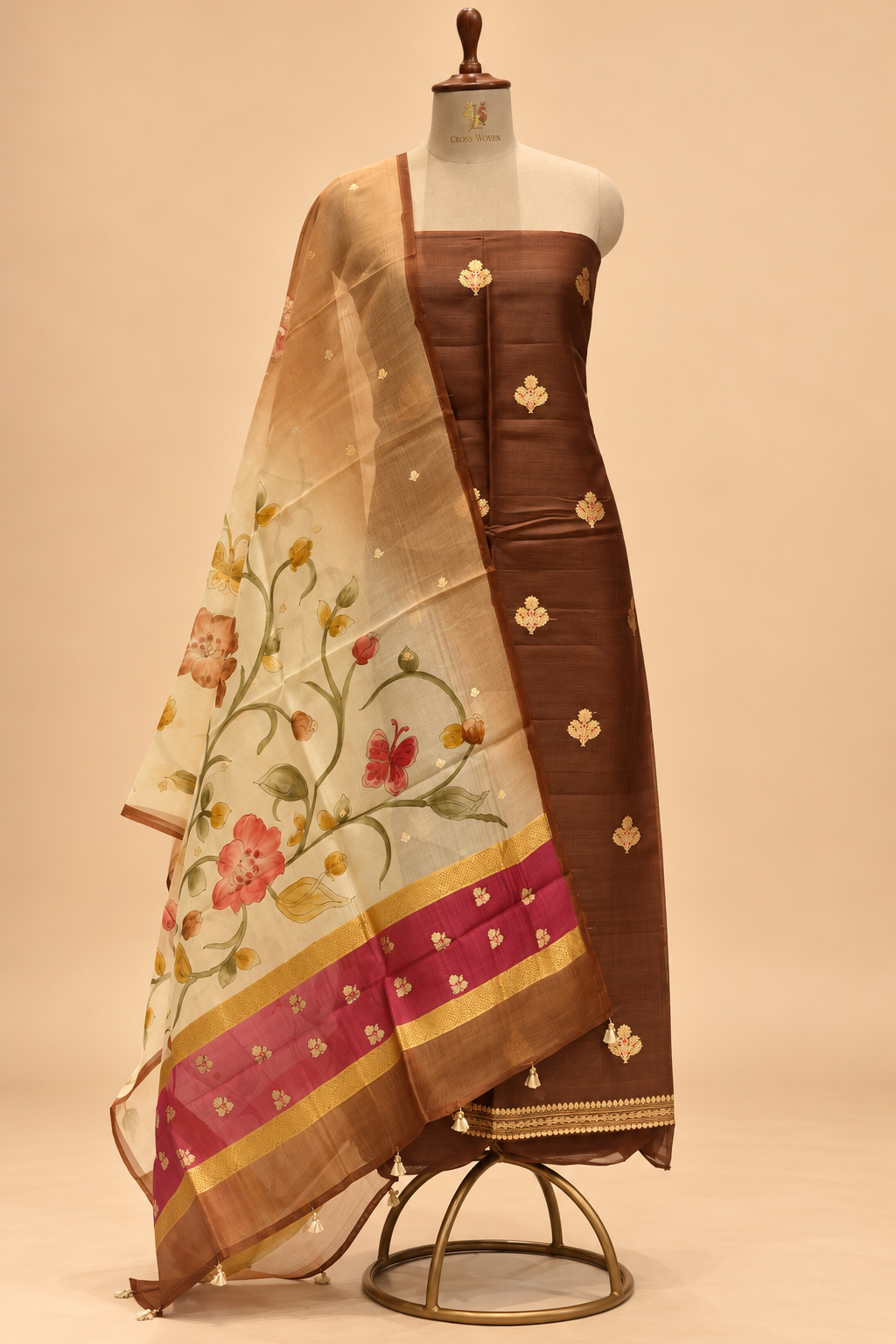 Mocha Brown Organza Silk Suit Set with Hand Brush Painted Dupatta
