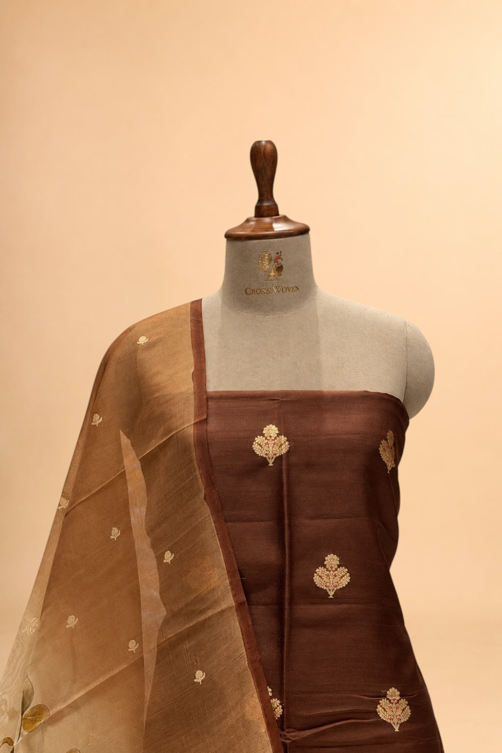 Mocha Brown Organza Silk Suit Set with Hand Brush Painted Dupatta