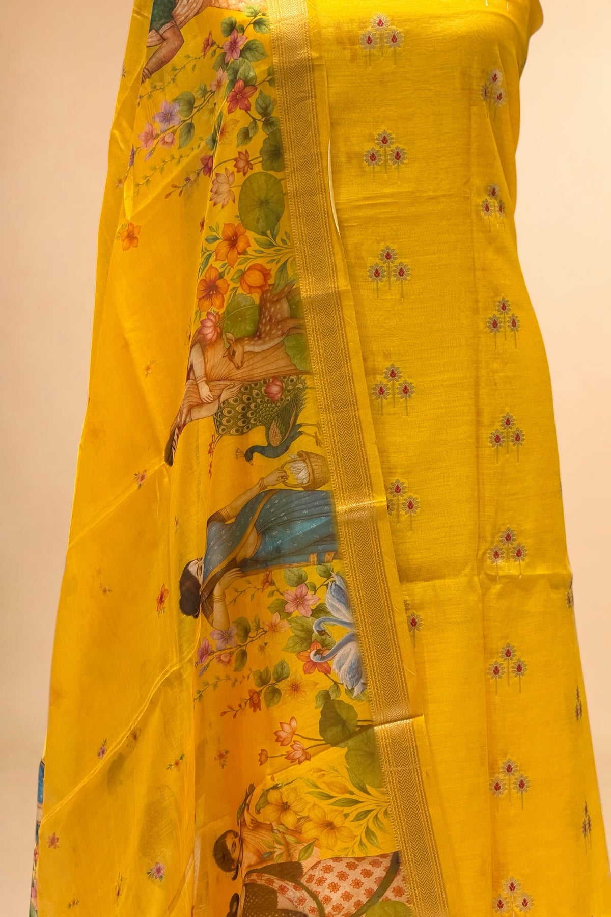 Mustard Yellow Chanderi Silk Suit Set With Printed Dupatta