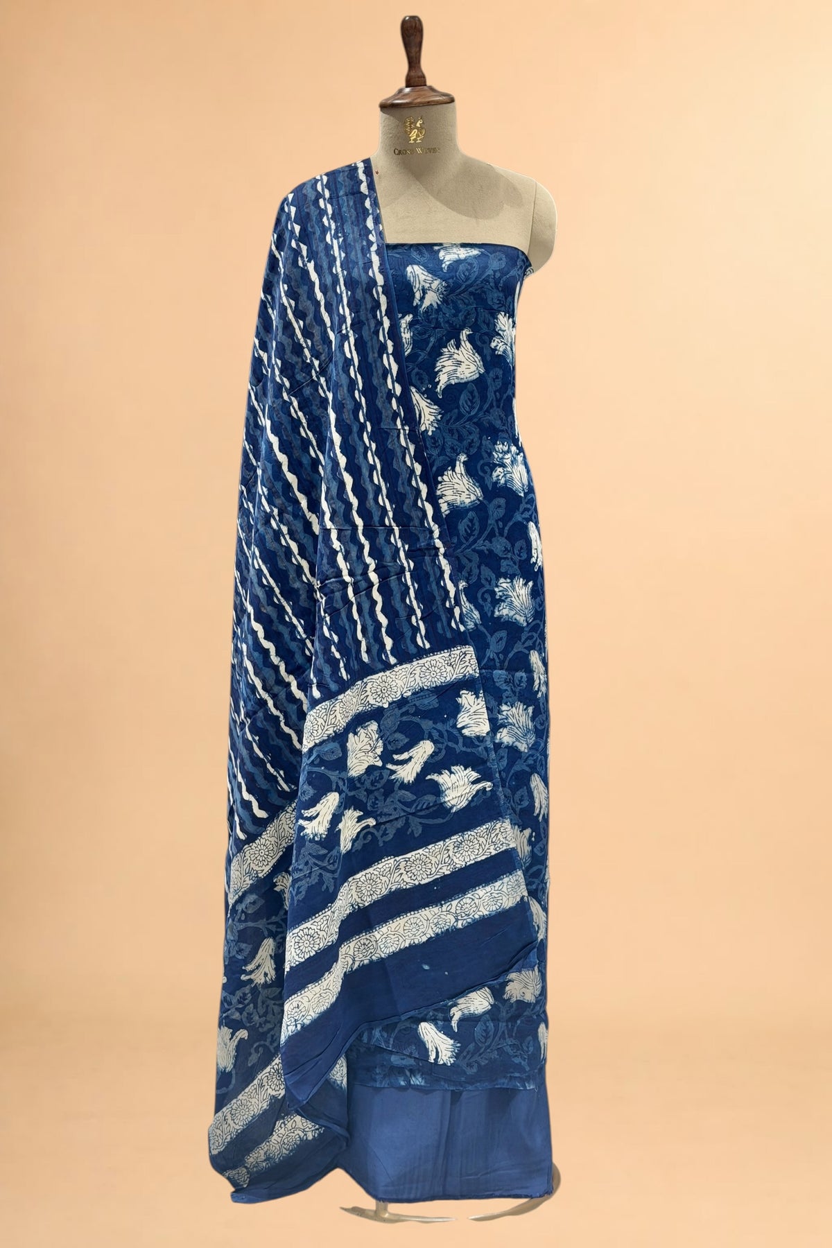 Navy Blue Block Print Pure Muslin Silk Suit Set 