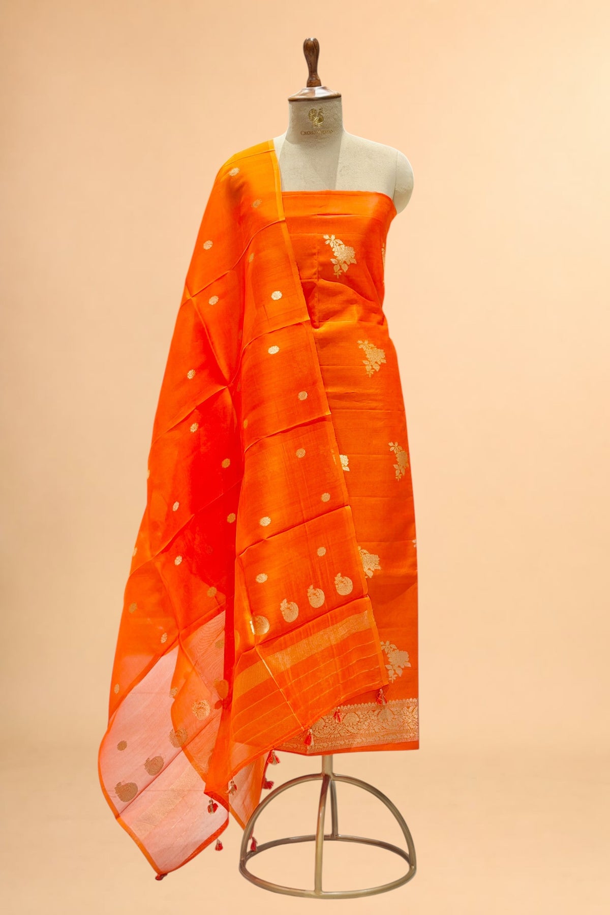 Orange Pure Soft Silk Suit Set With Organza Dupatta