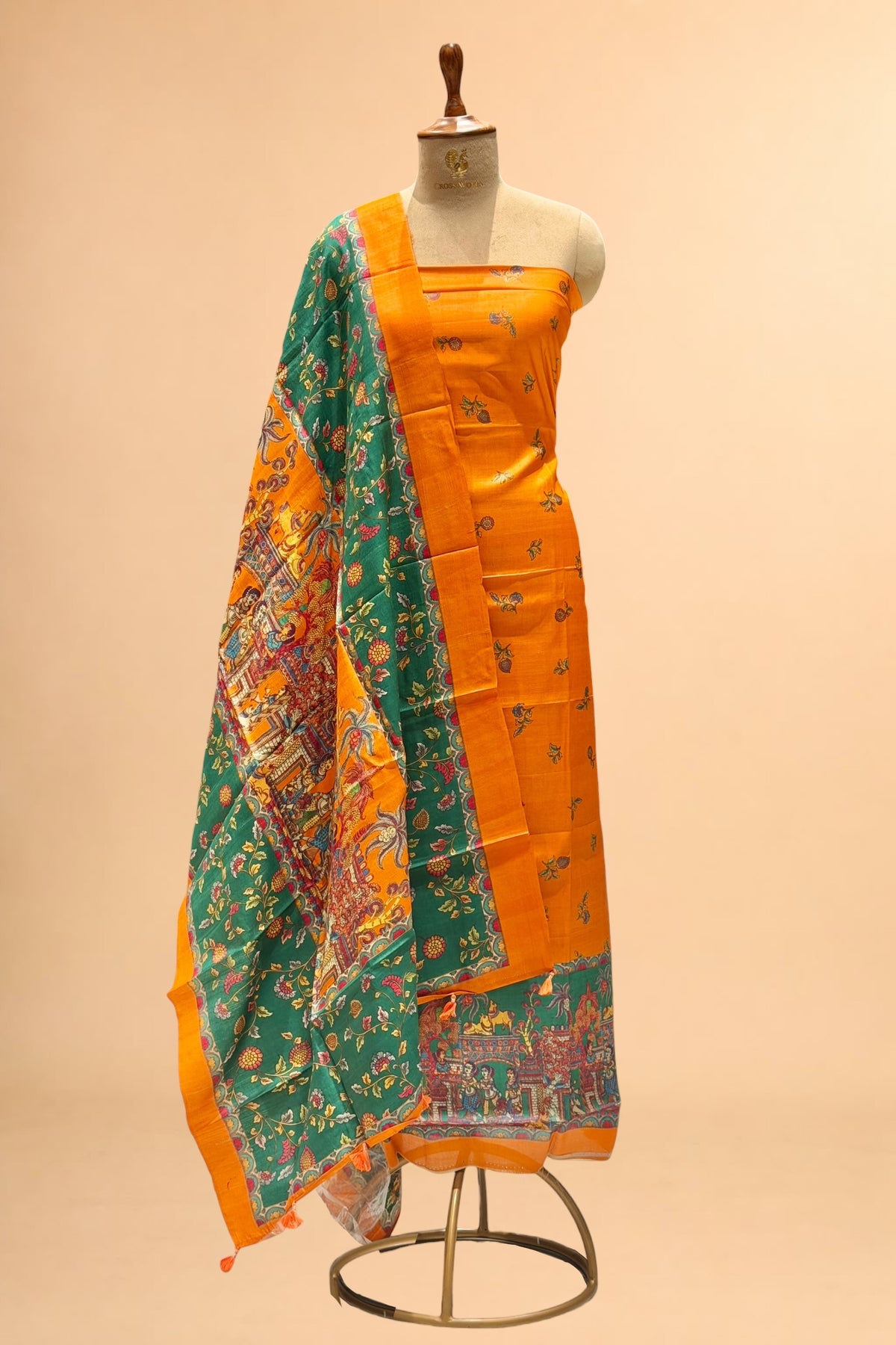 Orange Pure Tusser Printed Silk Suit Set