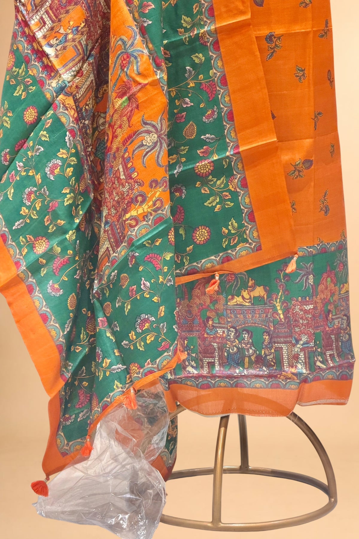 Orange Pure Tusser Printed Silk Suit Set