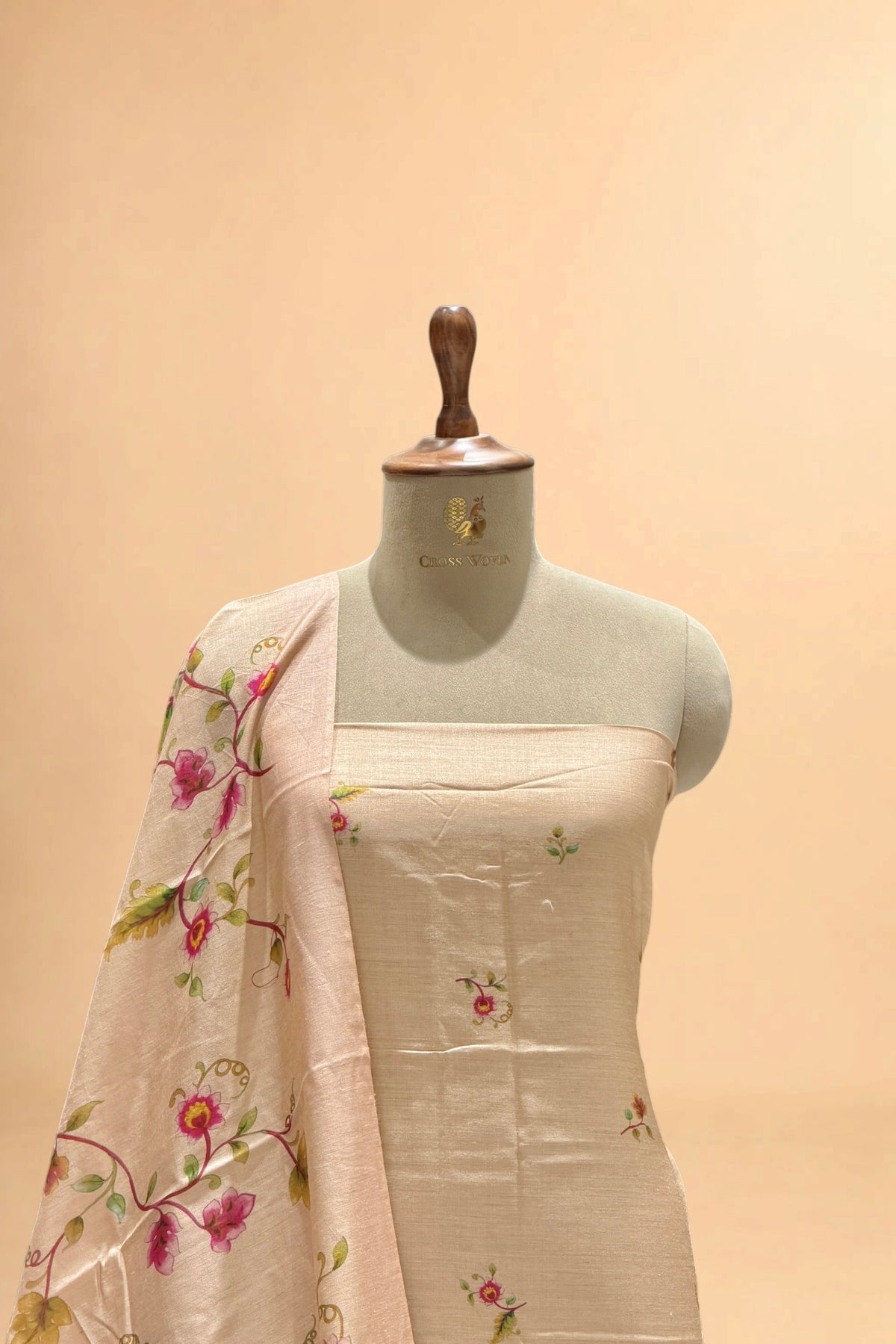 Peach Beige Printed Pure Banarasi Munga Silk Suit Set