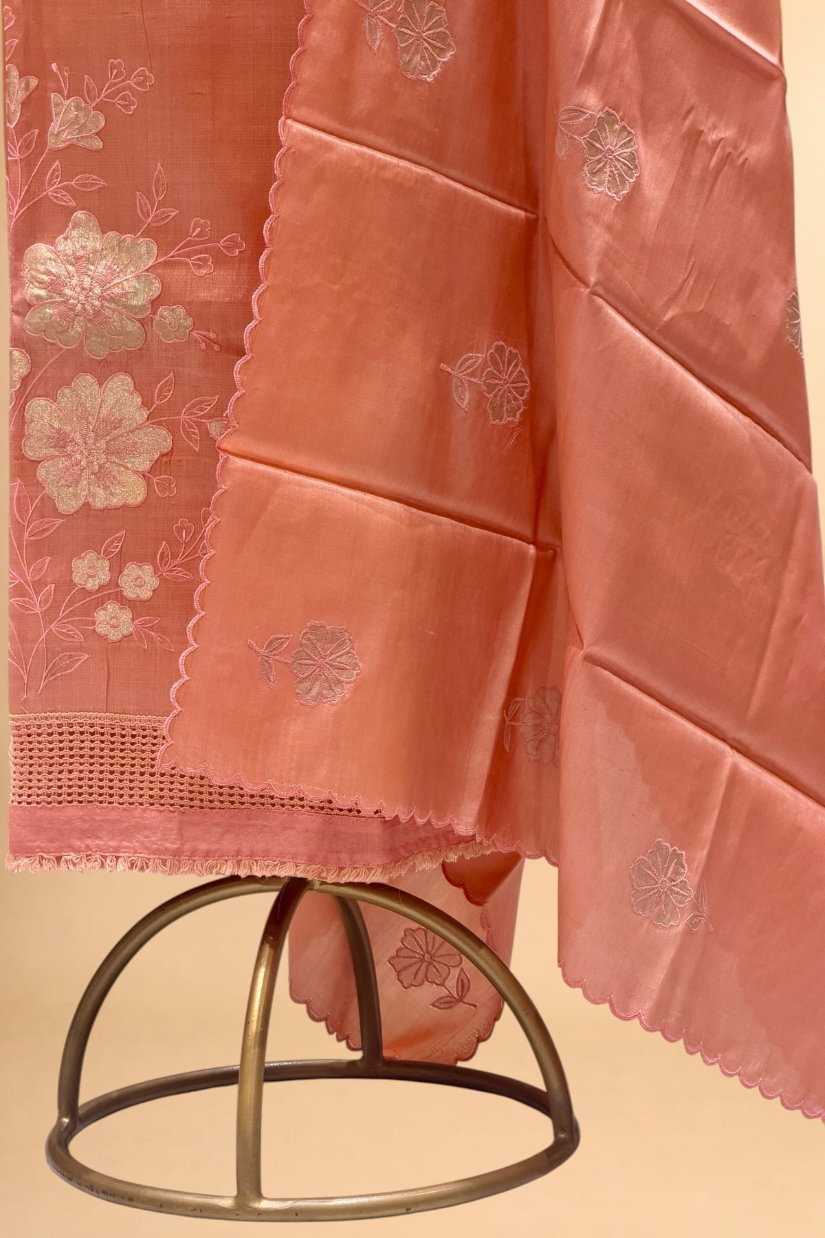 Peach Pure Tusser Silk Suit Set with Tissue Appliqué Pattern