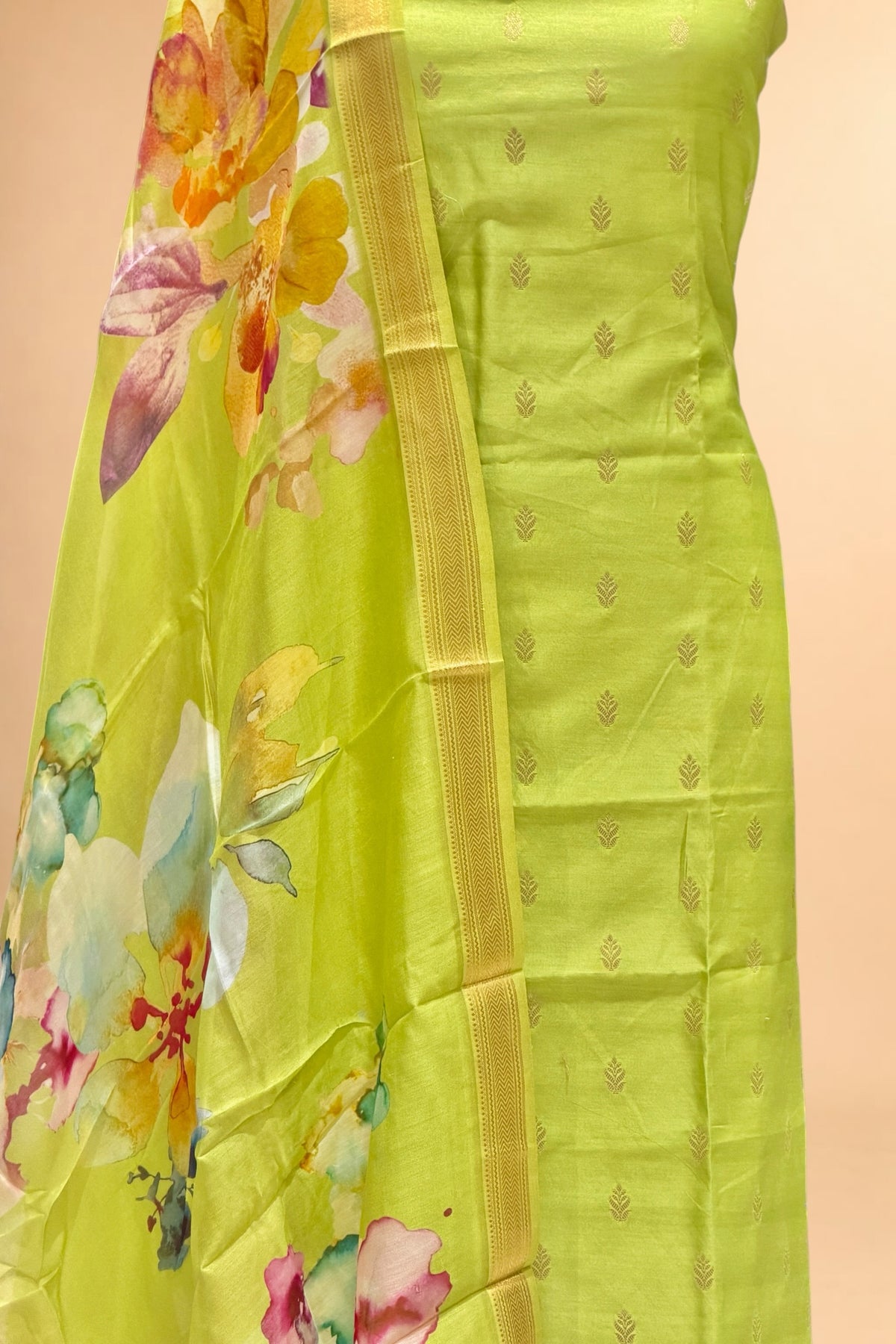 Pista Green Chanderi Silk Suit Set With Printed Dupatta