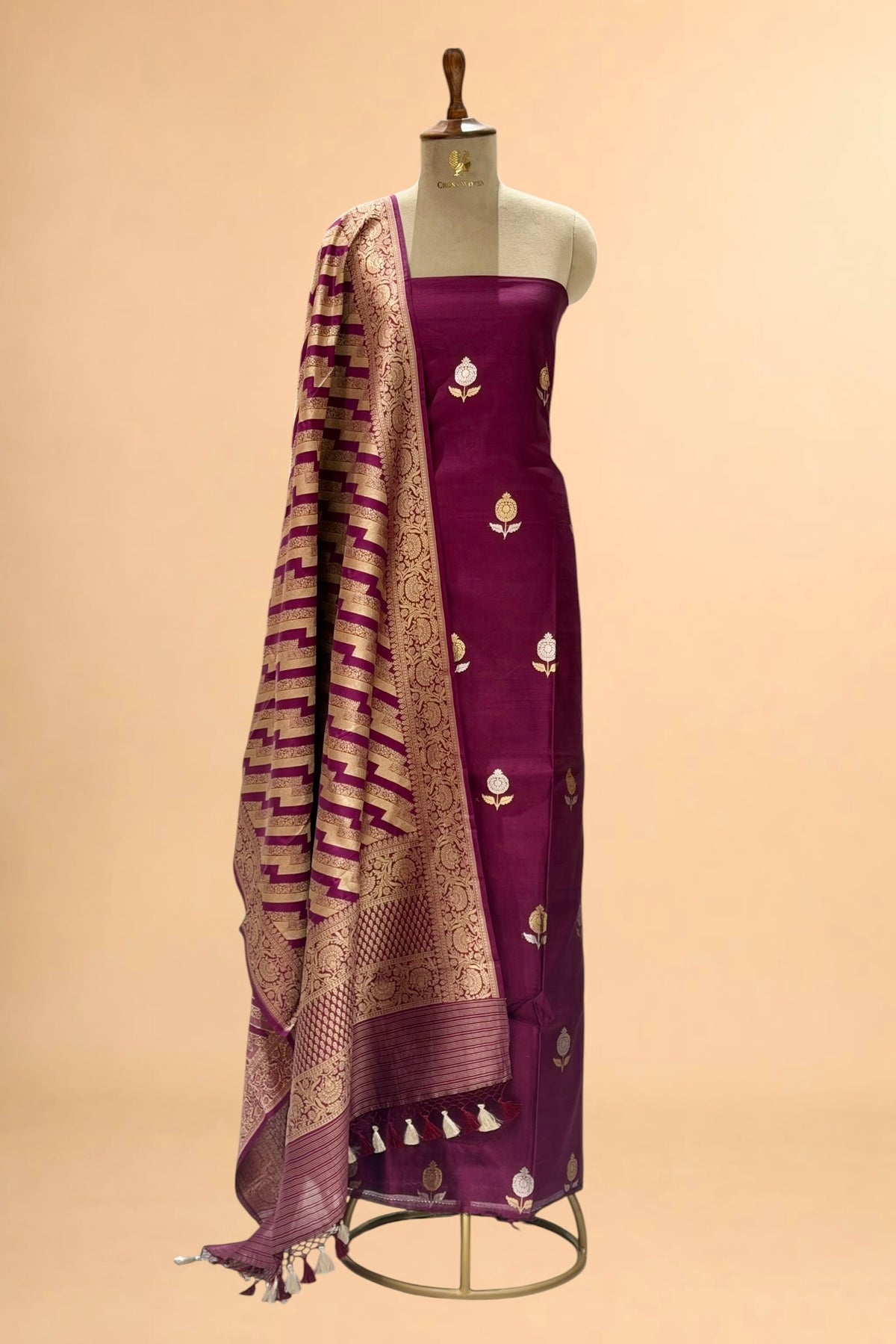 Plum Purple Chiniya Silk Suit Set with Kadhwa Floral Motif