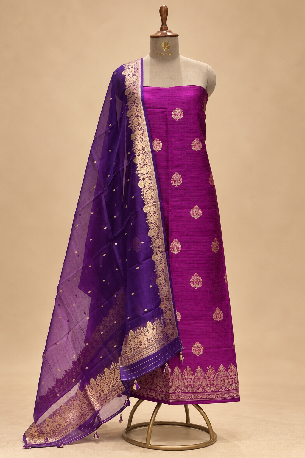 Plum Purple Pure Raw Silk Suit Set with Ombré Organza Dupatta