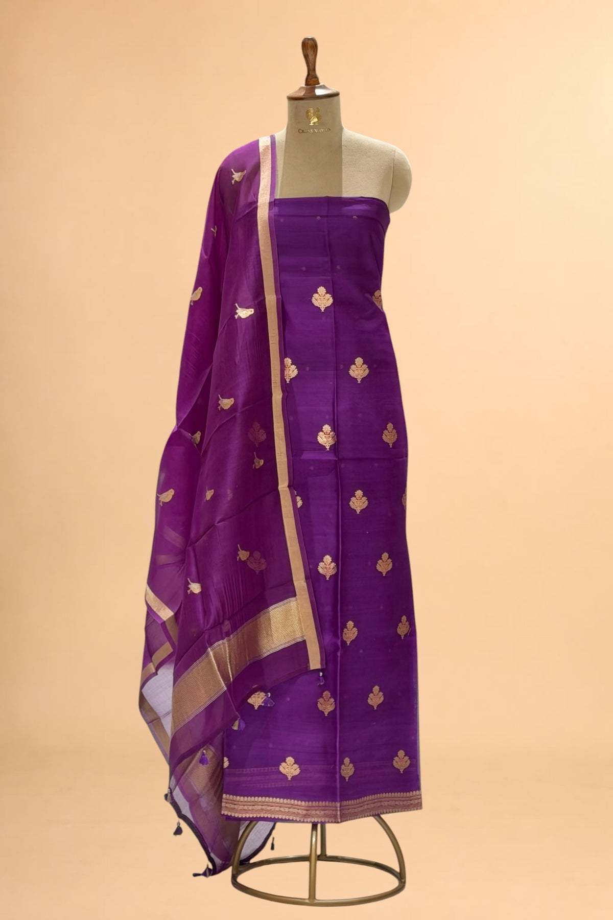 Purple Pure Organza Silk Suit Set with Bird Motif Dupatta