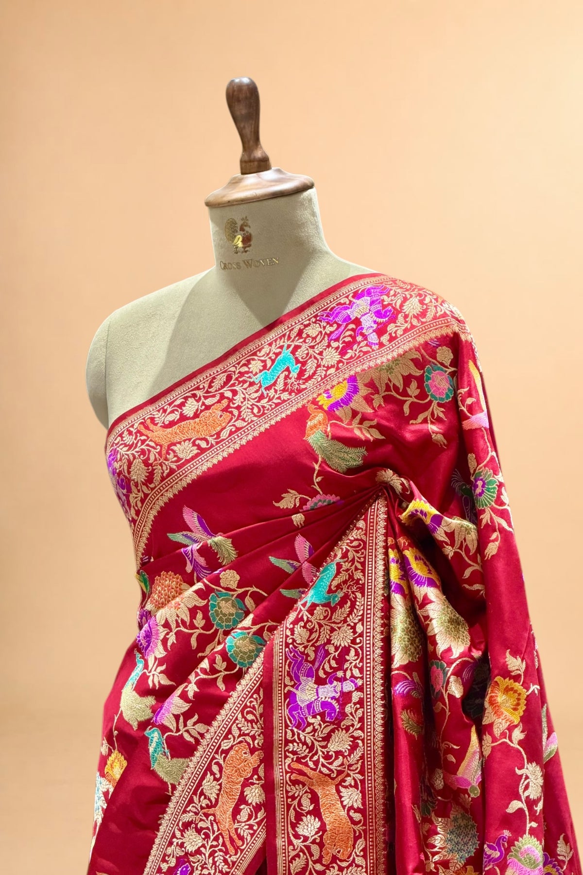 Red Meenakari Shikarghah Banarasi Pure Katan Silk Saree