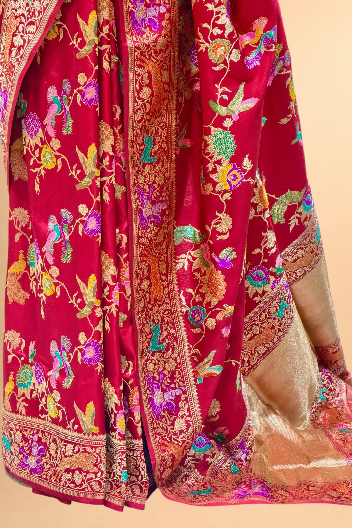 Red Meenakari Shikarghah Banarasi Pure Katan Silk Saree