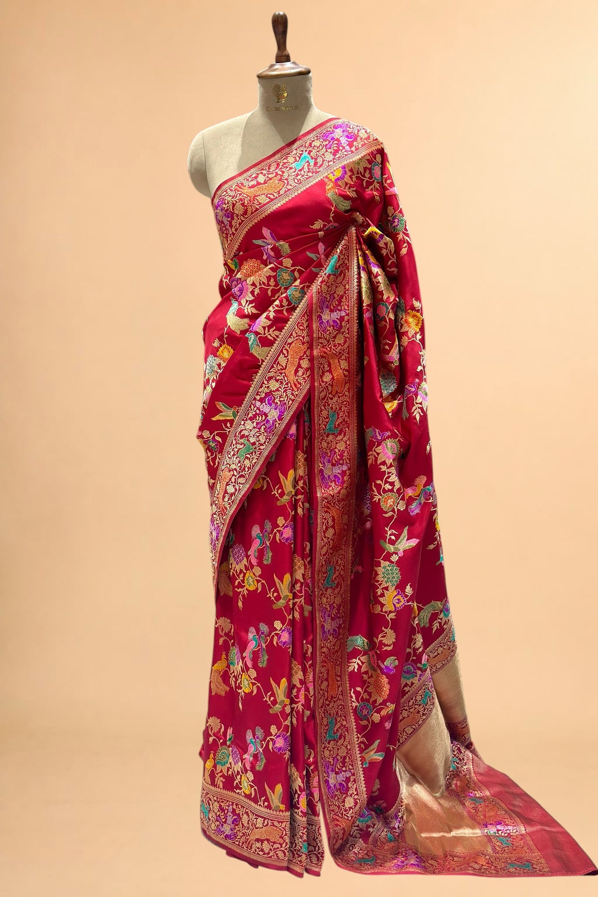 Red Meenakari Shikarghah Banarasi Pure Katan Silk Saree