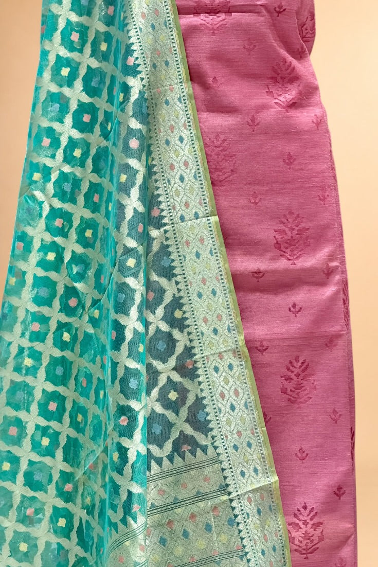 Rose Pink Banarasi Pure Fine Raw Silk Suit Set with Meena Kora Net Dupatta