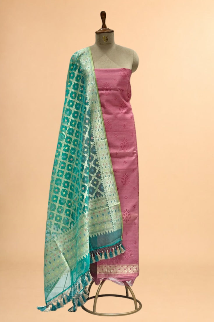 Rose Pink Banarasi Pure Fine Raw Silk Suit Set with Meena Kora Net Dupatta