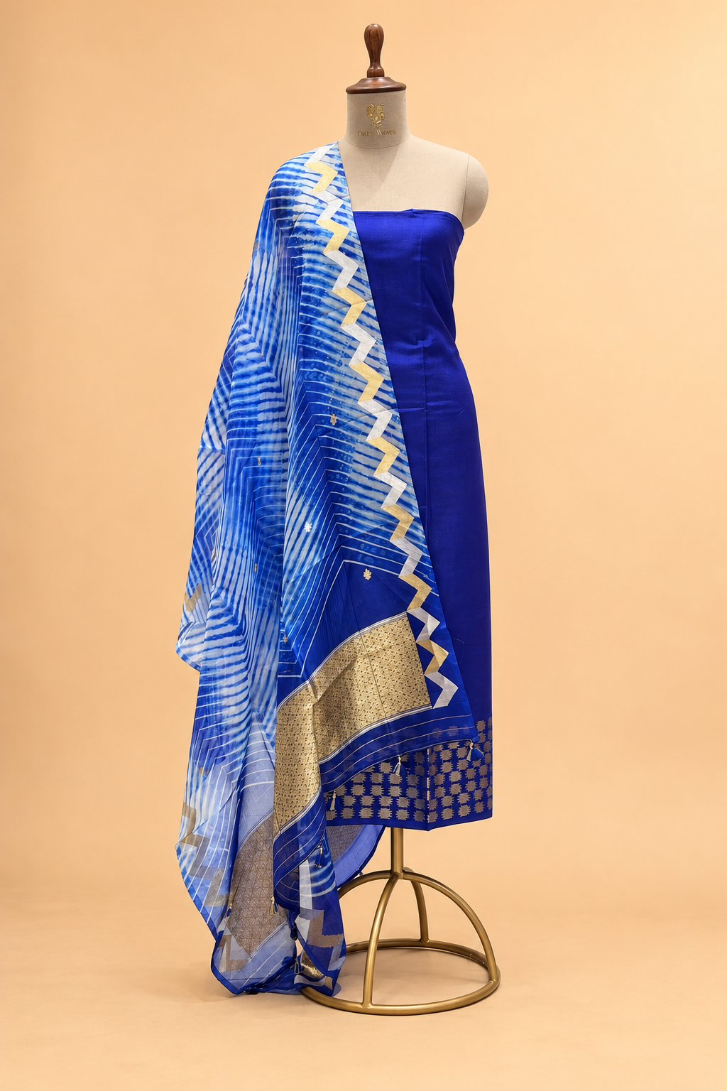 Royal Blue Pure Soft Silk Suit Set With Organza Arashi Dye Dupatta