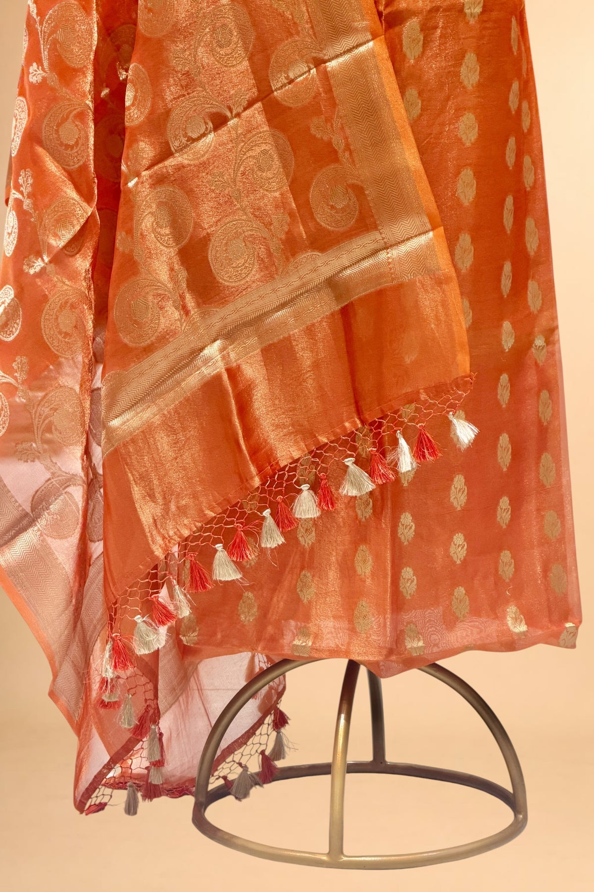Rust Orange Tissue Silk Suit Set with Jaal Dupatta