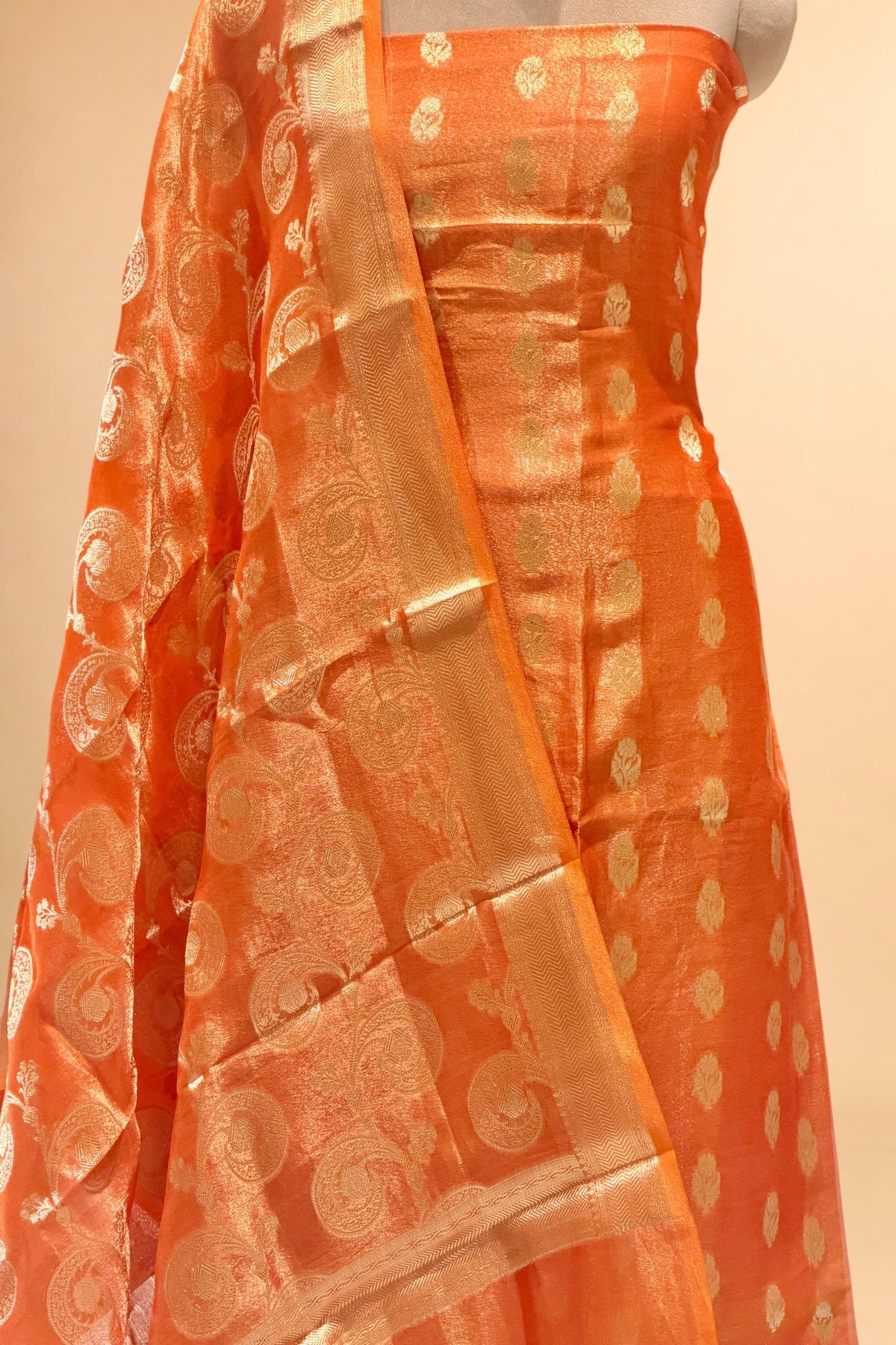 Rust Orange Tissue Silk Suit Set with Jaal Dupatta