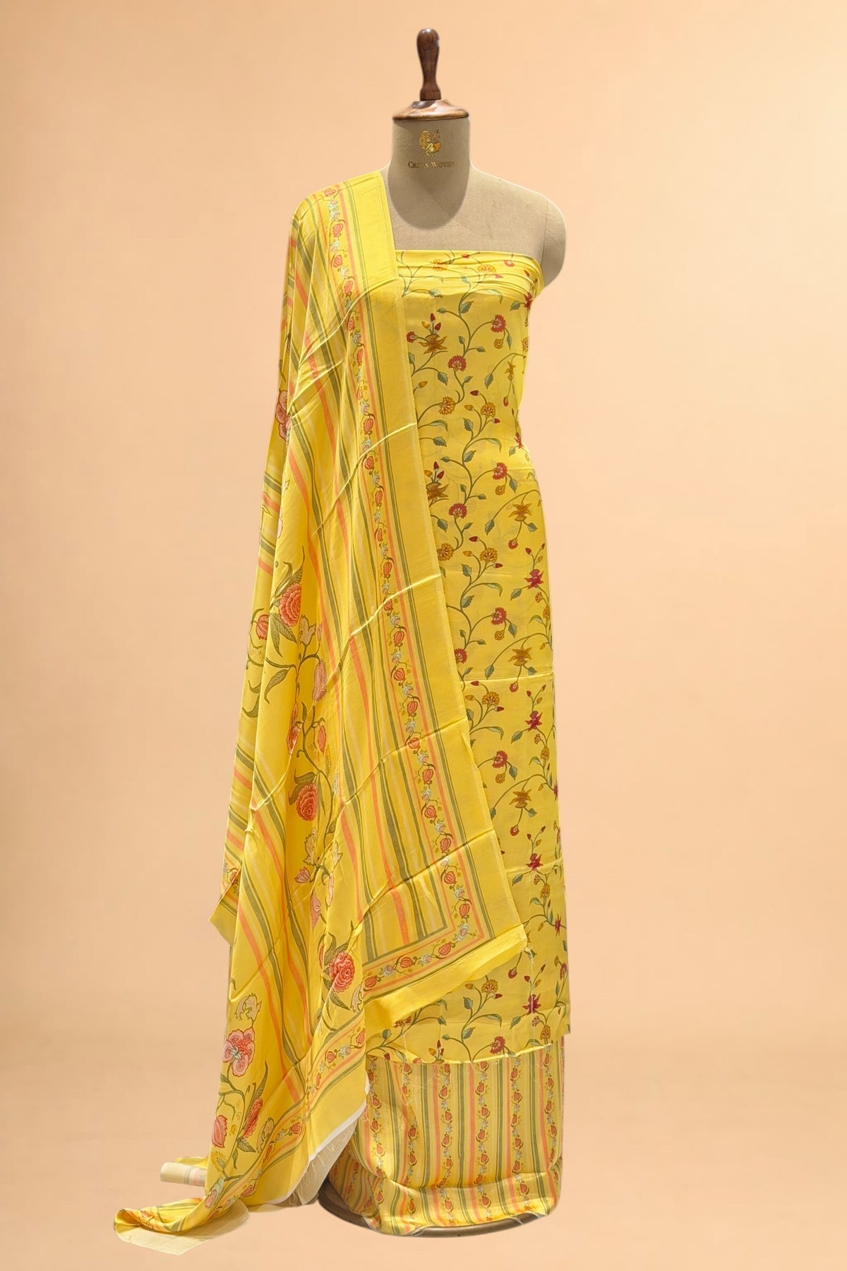 Sunshine Yellow Printed Pure Muslin Silk Unstitched Suit Set 