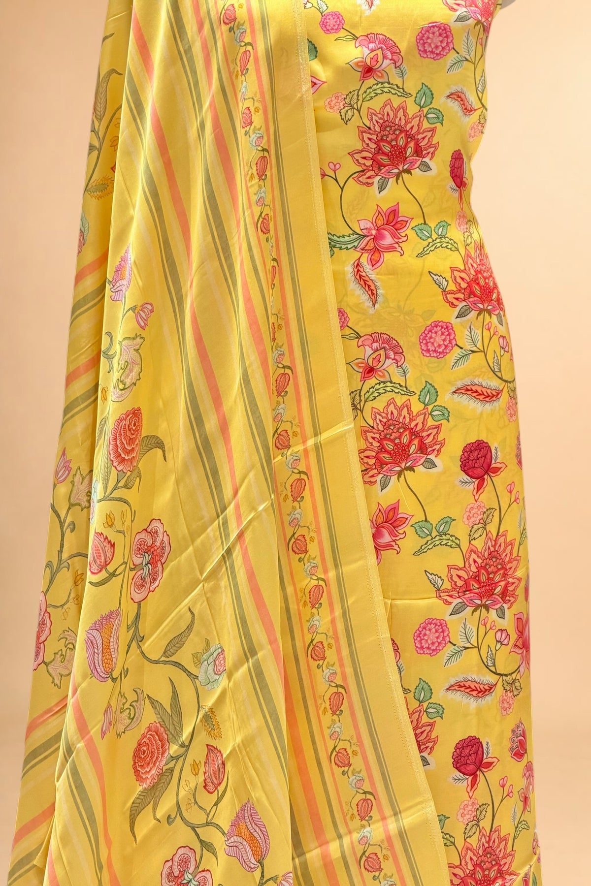 Sunshine Yellow Printed Pure Muslin Silk Unstitched Suit Set 