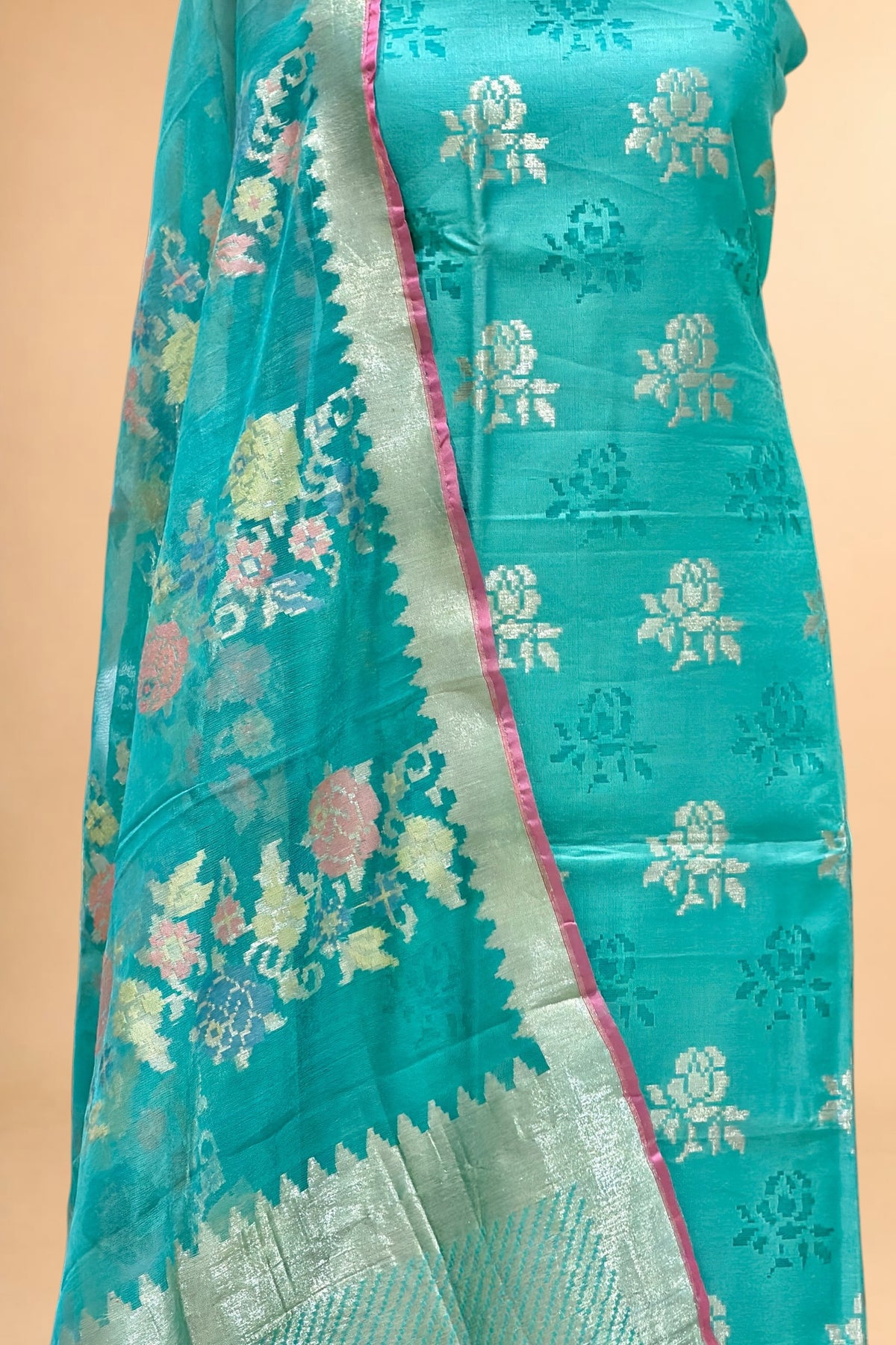Teal Banarasi Pure Fine Raw Silk Suit Set with Meena Kora Net Dupatta