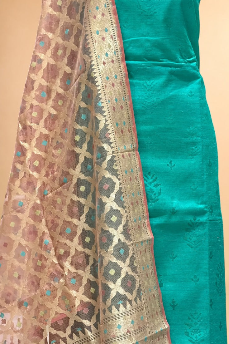 Turquoise Blue Banarasi Pure Fine Raw Silk Suit Set with Meena Kora Net Dupatta