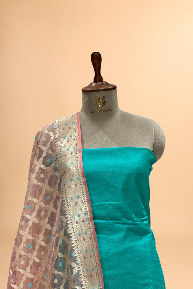 Turquoise Blue Banarasi Pure Fine Raw Silk Suit Set with Meena Kora Net Dupatta
