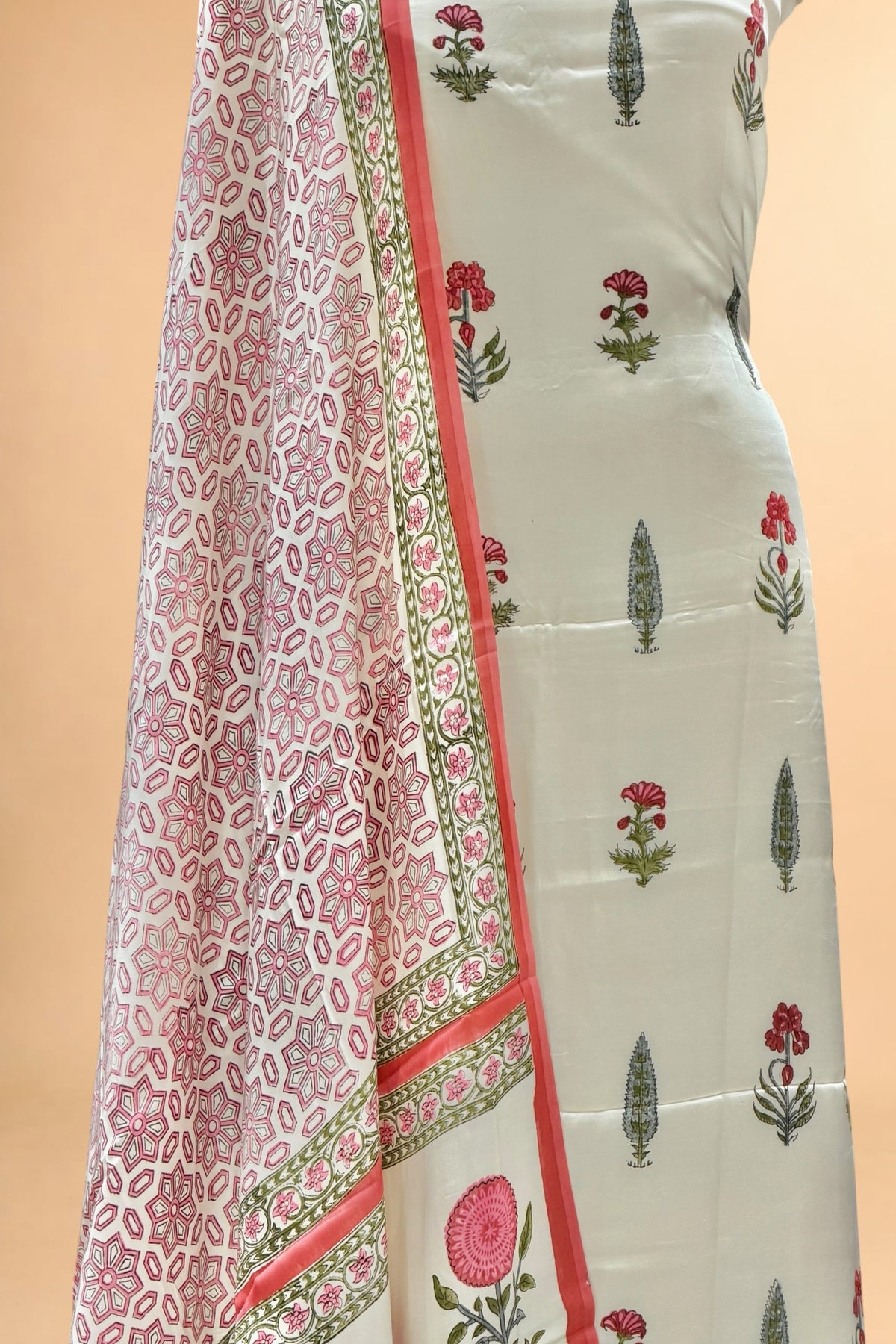 White Printed Pure Muslin Silk Unstitched Suit Set 
