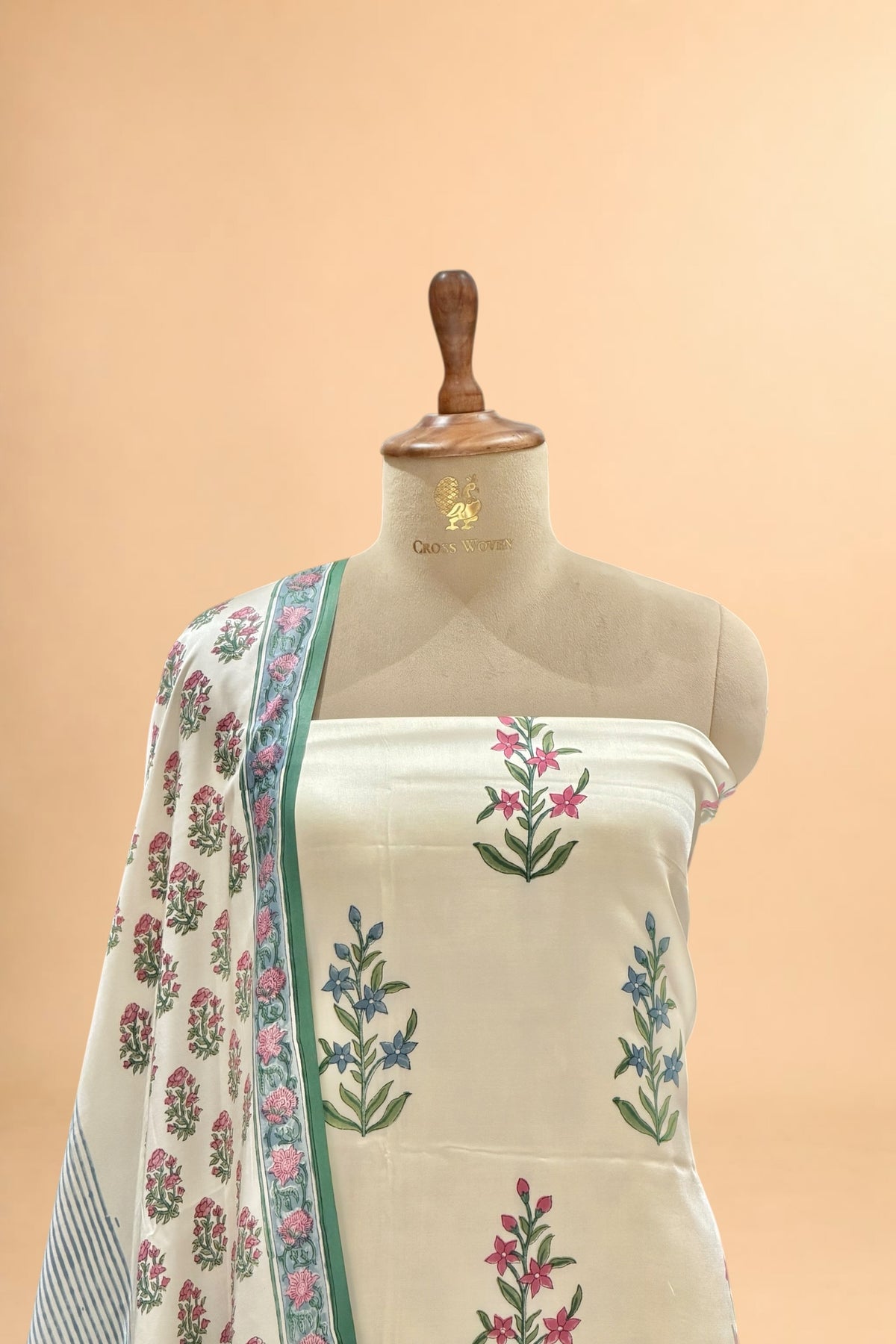 White Printed Pure Muslin Silk Unstitched Suit Set 