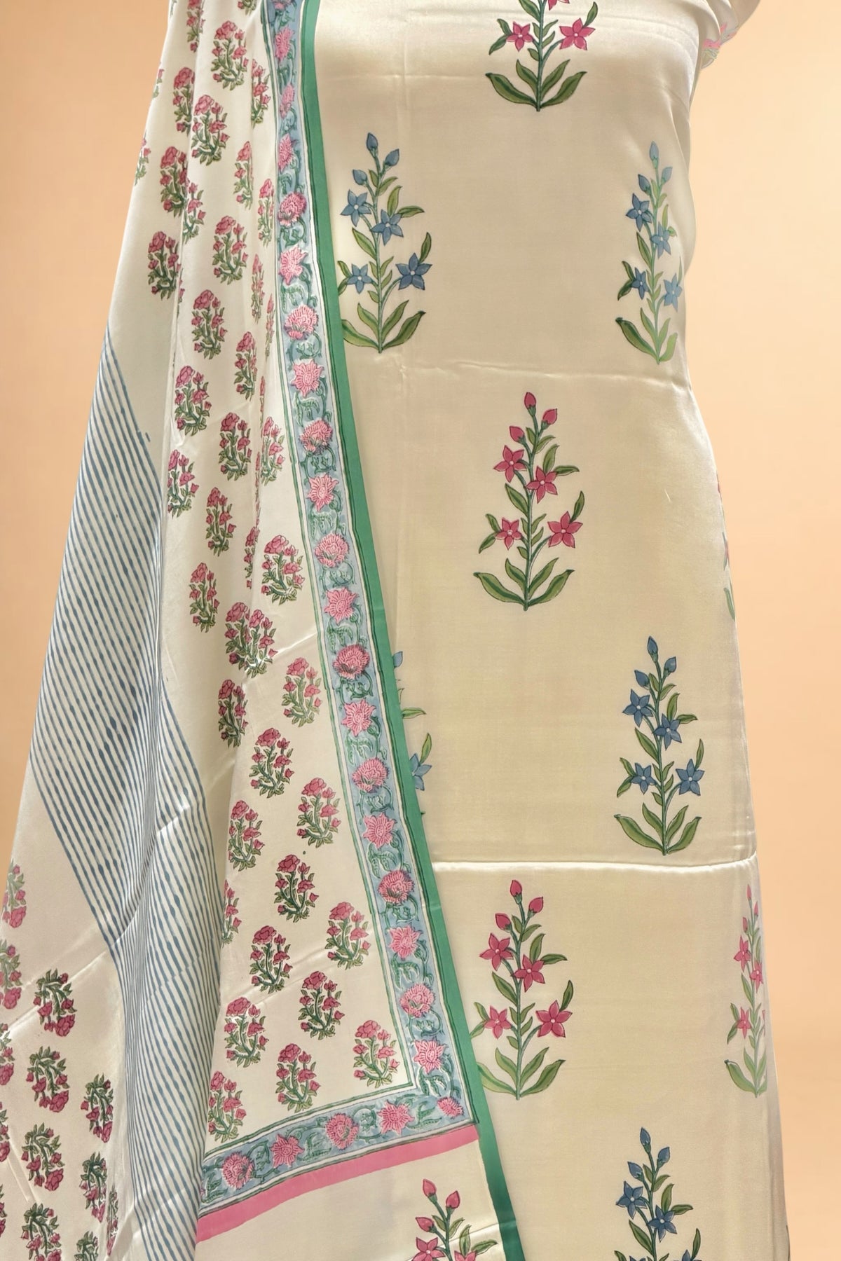 White Printed Pure Muslin Silk Unstitched Suit Set 